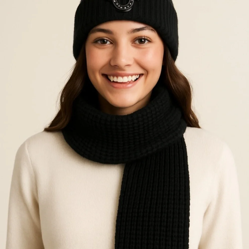 True Religion Black Knit Logo Beanie & Scarf Set One Size